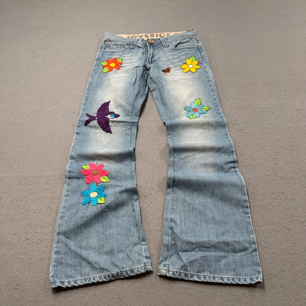 Flare Jeans Womens 25 Light Wash Floral Embroidered Low Rise Y2K Boho Joystick